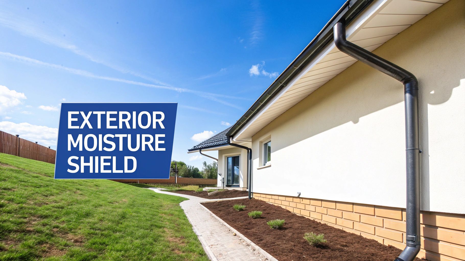 A house exterior with a black downspout and a blue sign stating “EXTERIOR MOISTURE SHIELD”.