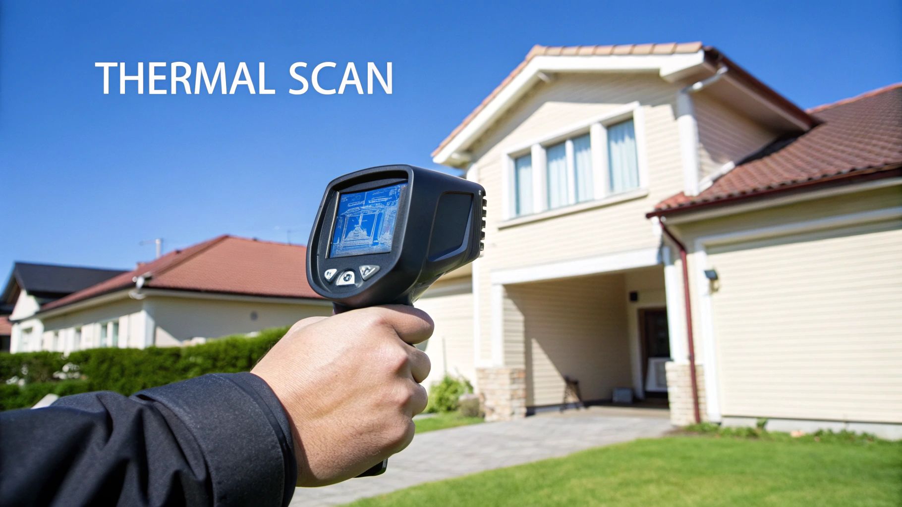 A person holds a thermal imaging camera, performing a scan on a residential house for inspection.