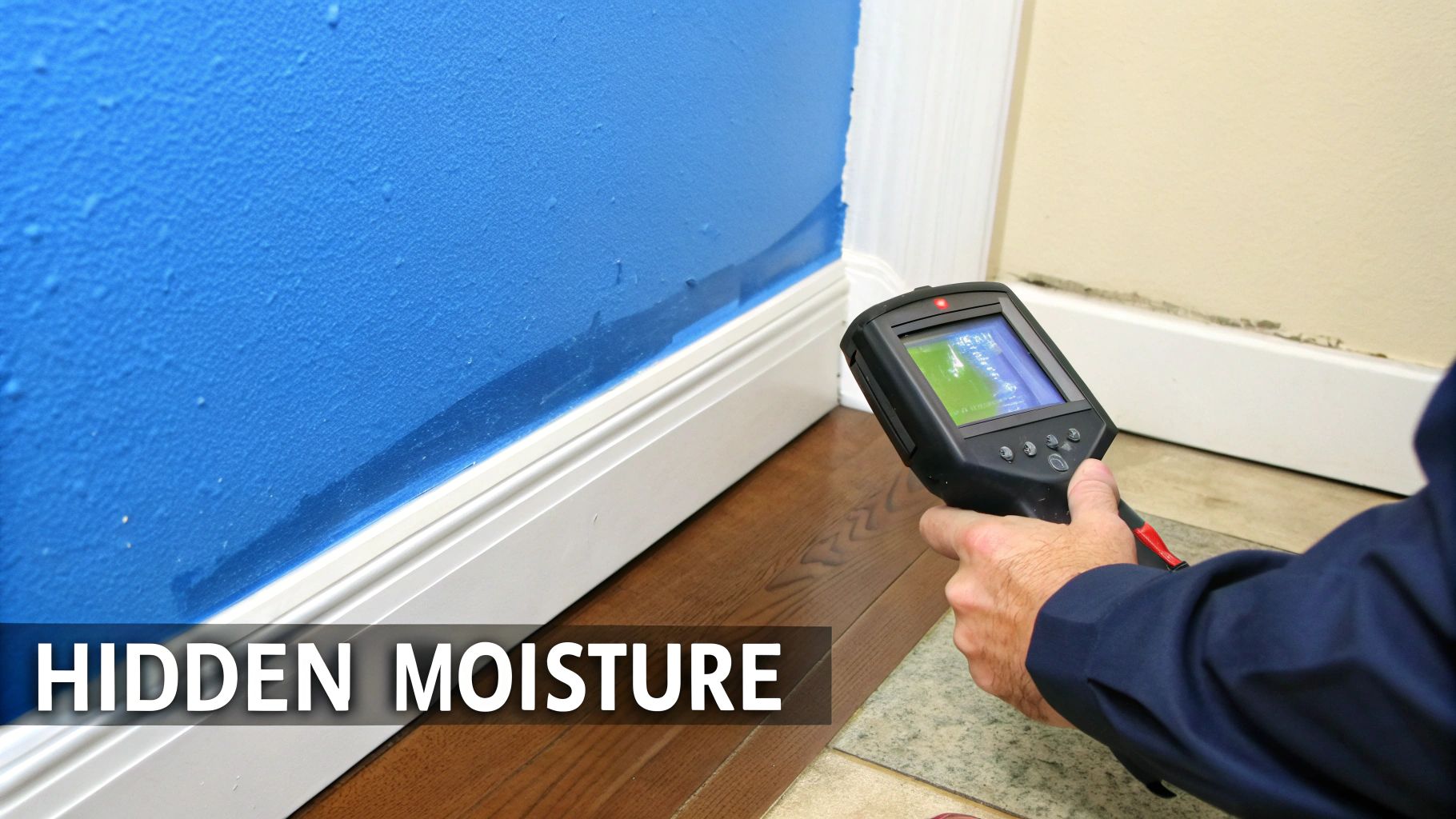 A technician uses a moisture meter to detect hidden water damage on a blue wall.