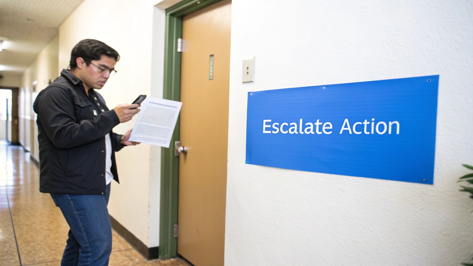 A man in a hallway looks at his phone while holding a document, next to an 'Escalate Action' sign.