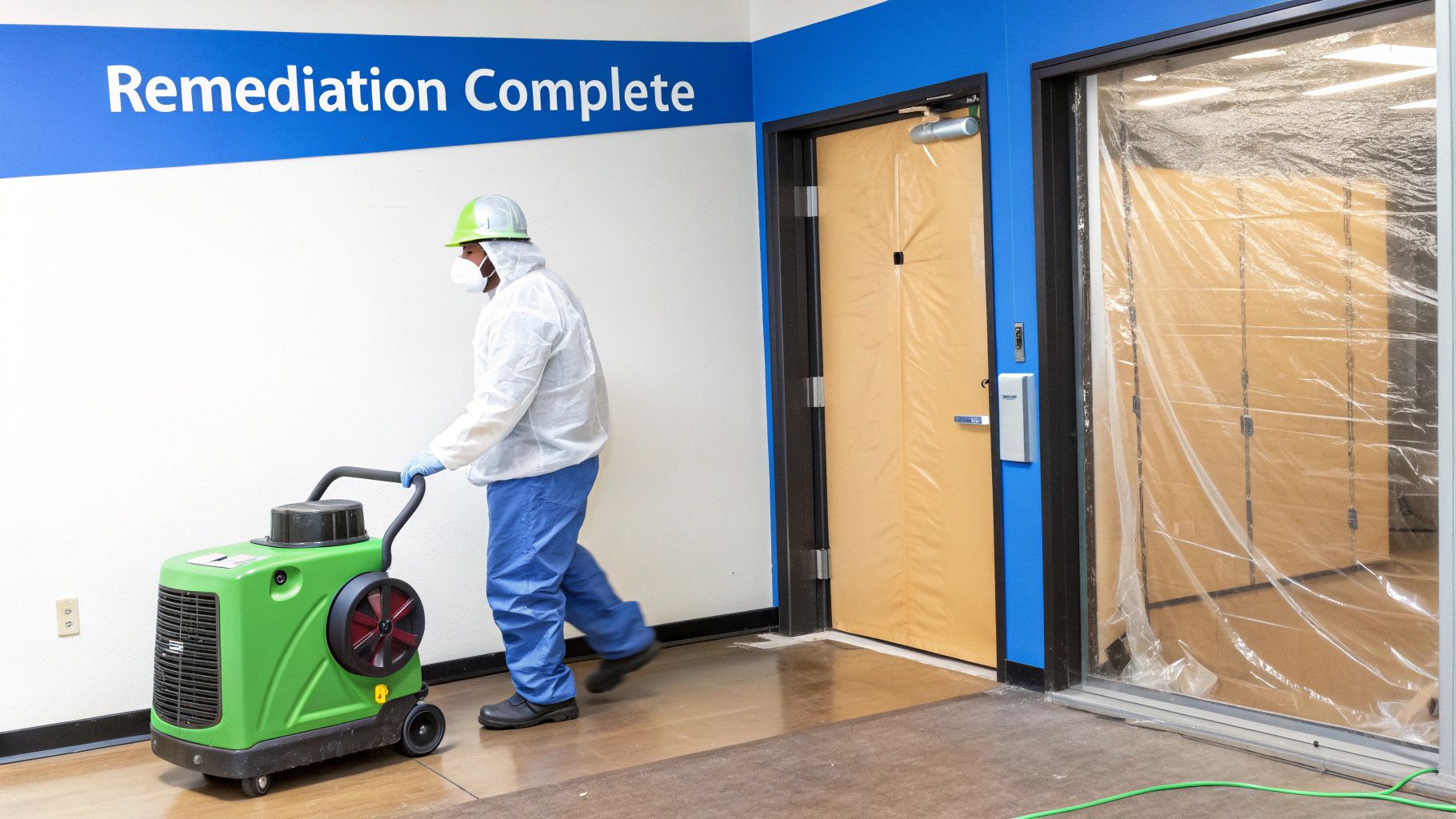 Professional remediation specialist in protective gear operating green dehumidifier equipment in sealed containment area