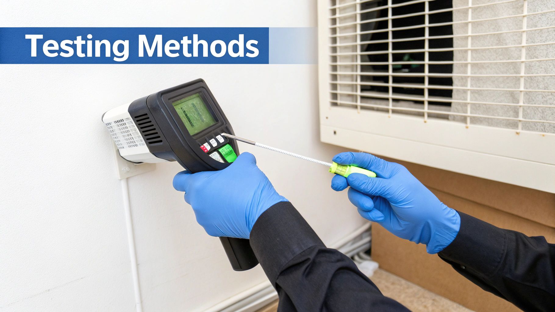 Expert uses a digital testing device with a probe to assess household environmental conditions.