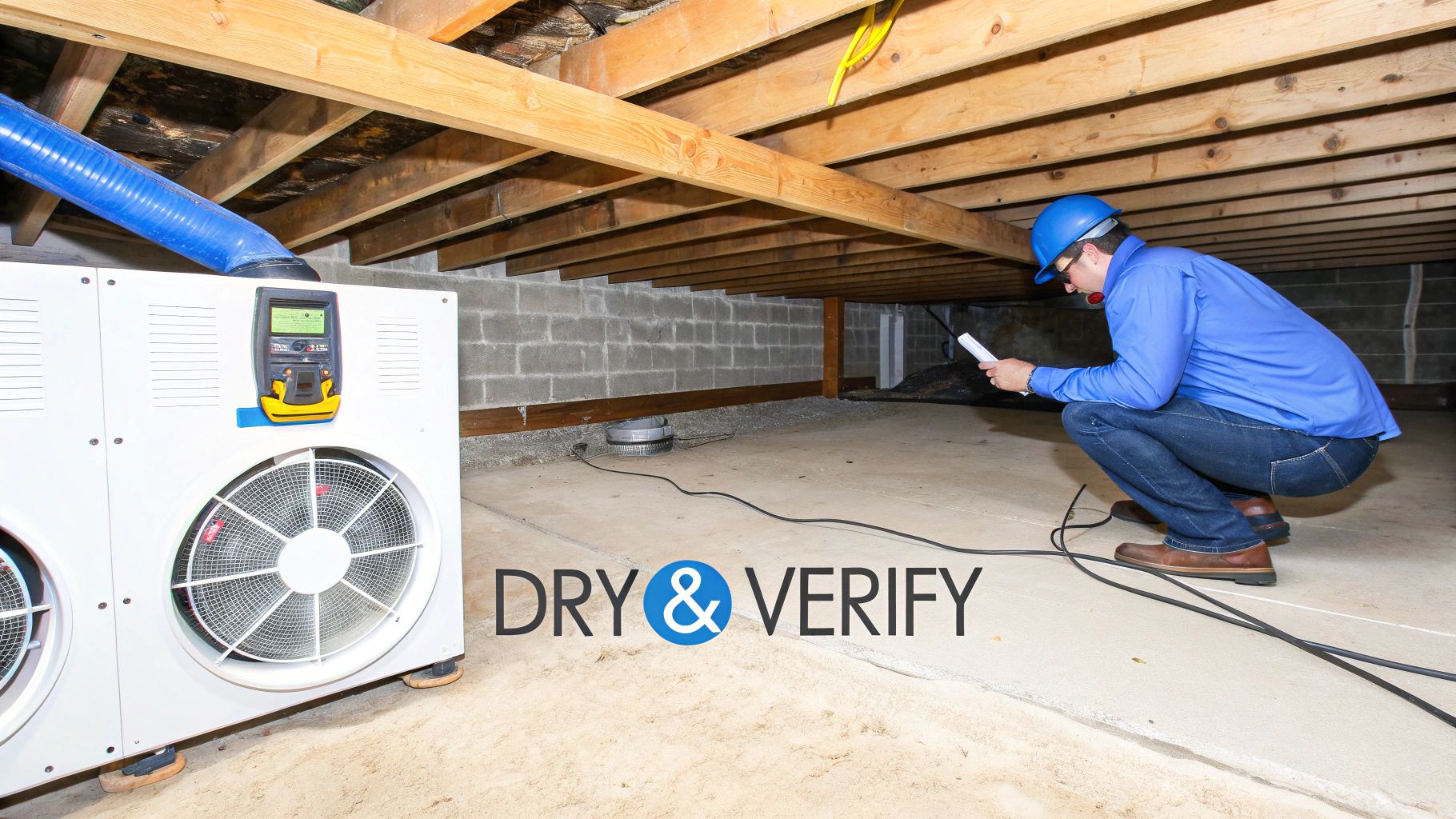 Worker in blue shirt and hard hat inspecting a crawl space with large drying equipment.