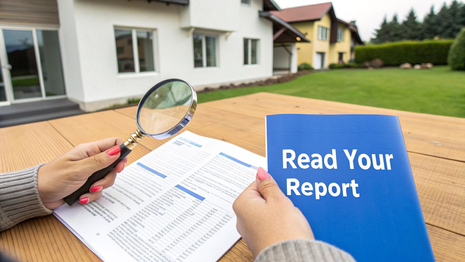 A person reviews a report with a magnifying glass, next to a blue folder that says “Read Your Report” outdoors with houses in the background.