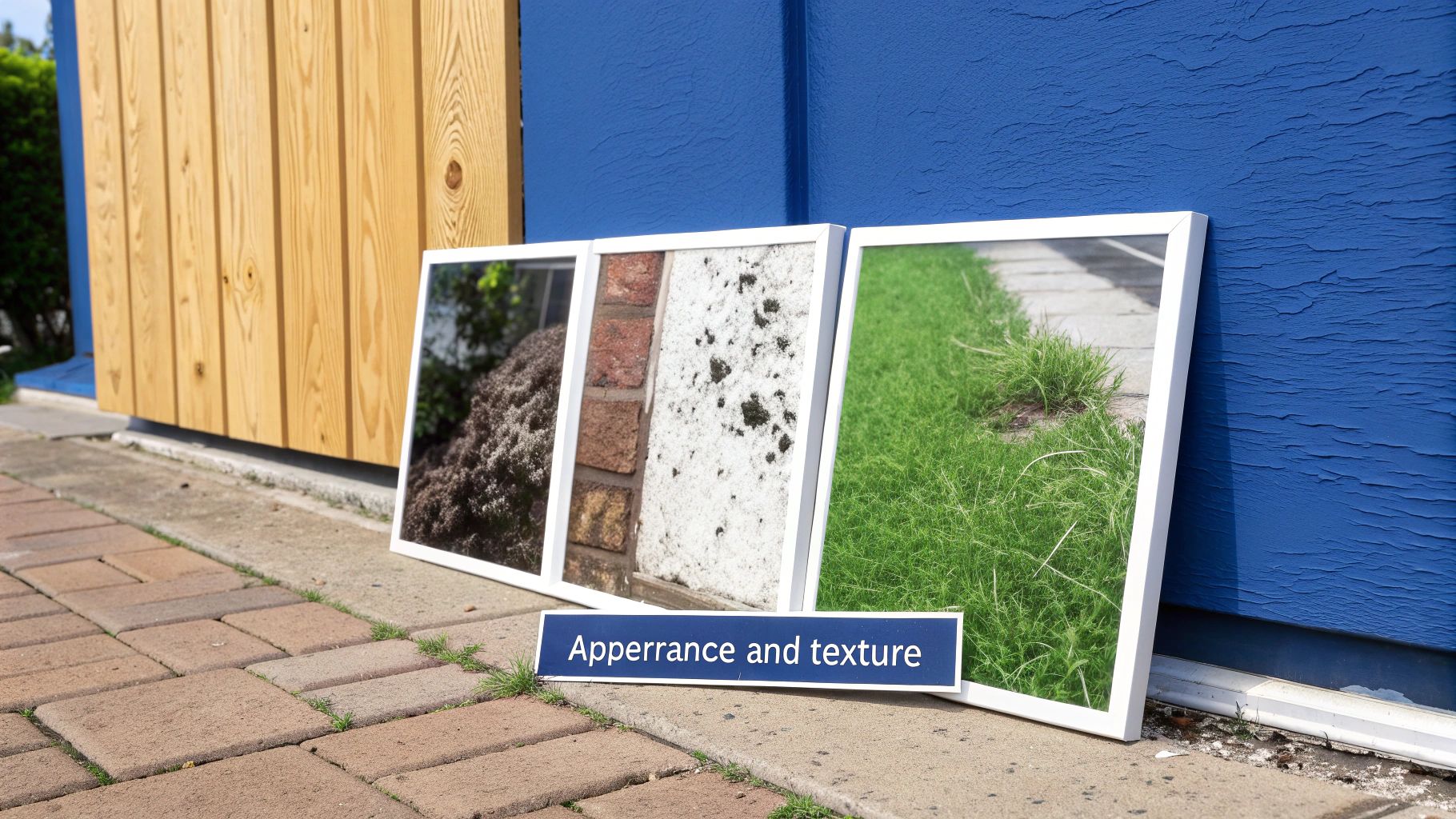 Framed pictures illustrate various appearances and textures, including mold, grass, and a bush.