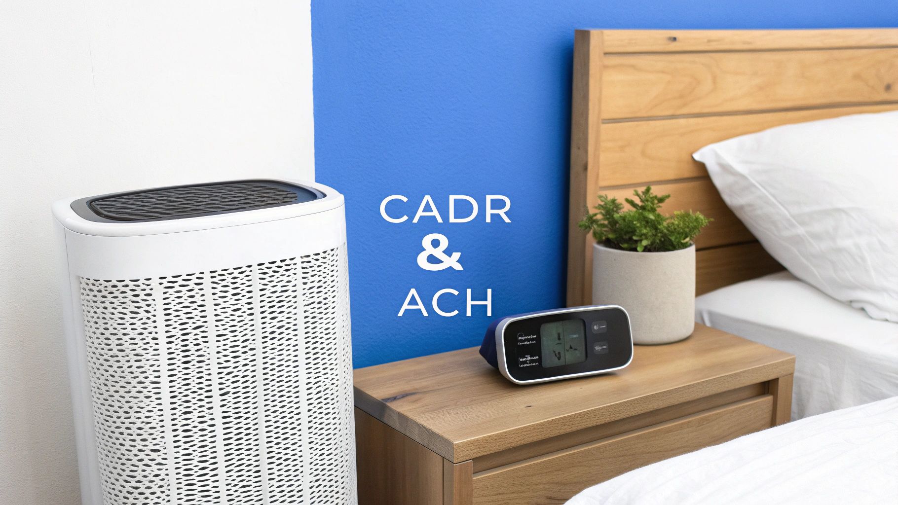 A white air purifier and an air quality monitor in a bedroom with 'CADR & ACH' text on the wall.
