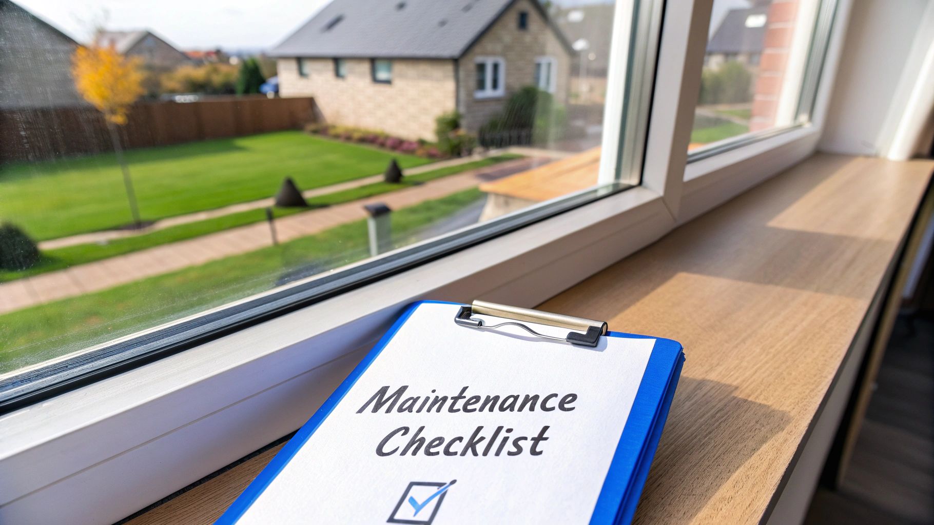 A maintenance checklist on a blue clipboard rests on a windowsill overlooking a garden.