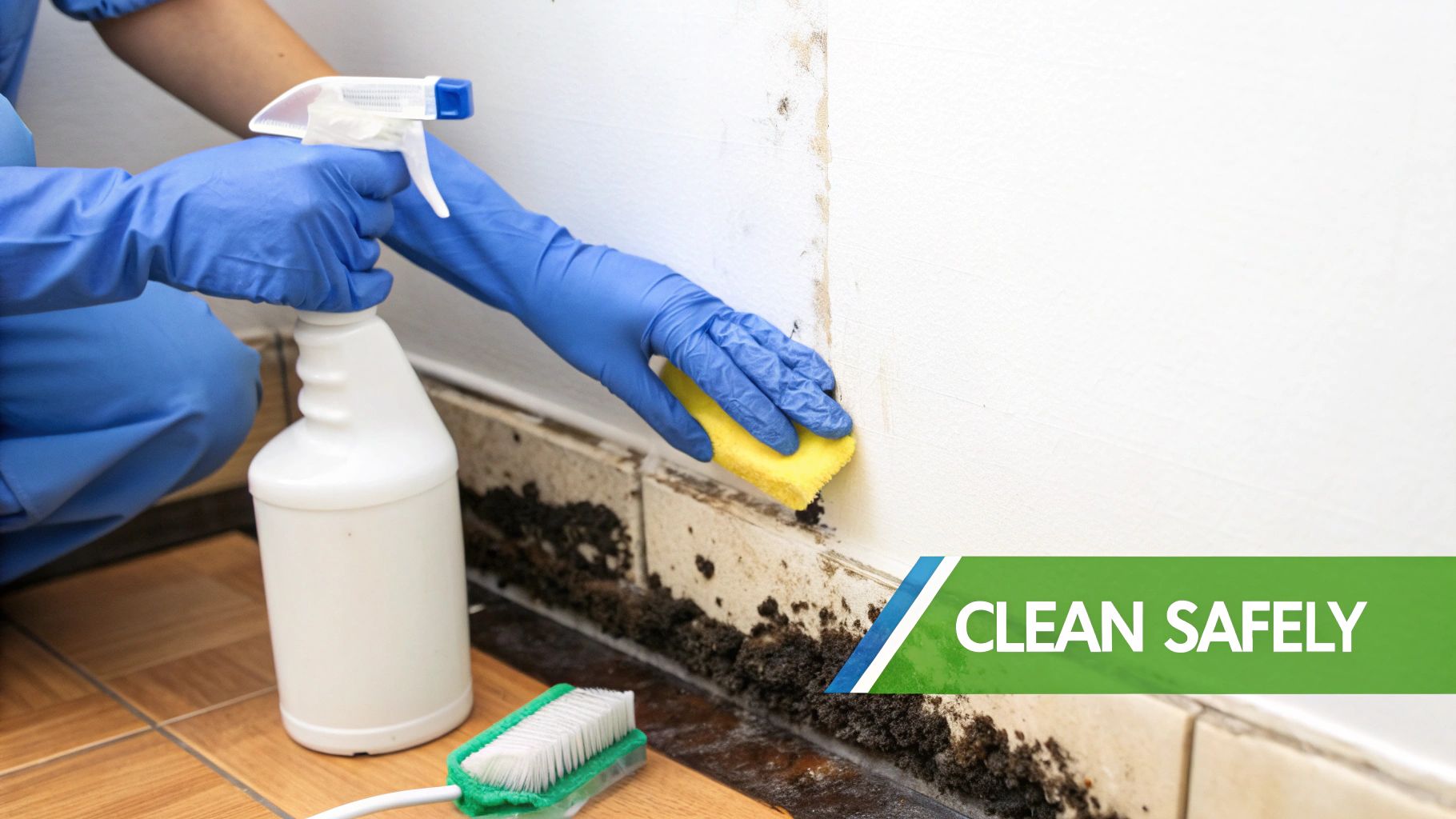 Person in blue gloves cleaning a moldy wall with a spray bottle and sponge, demonstrating safe cleaning practices.