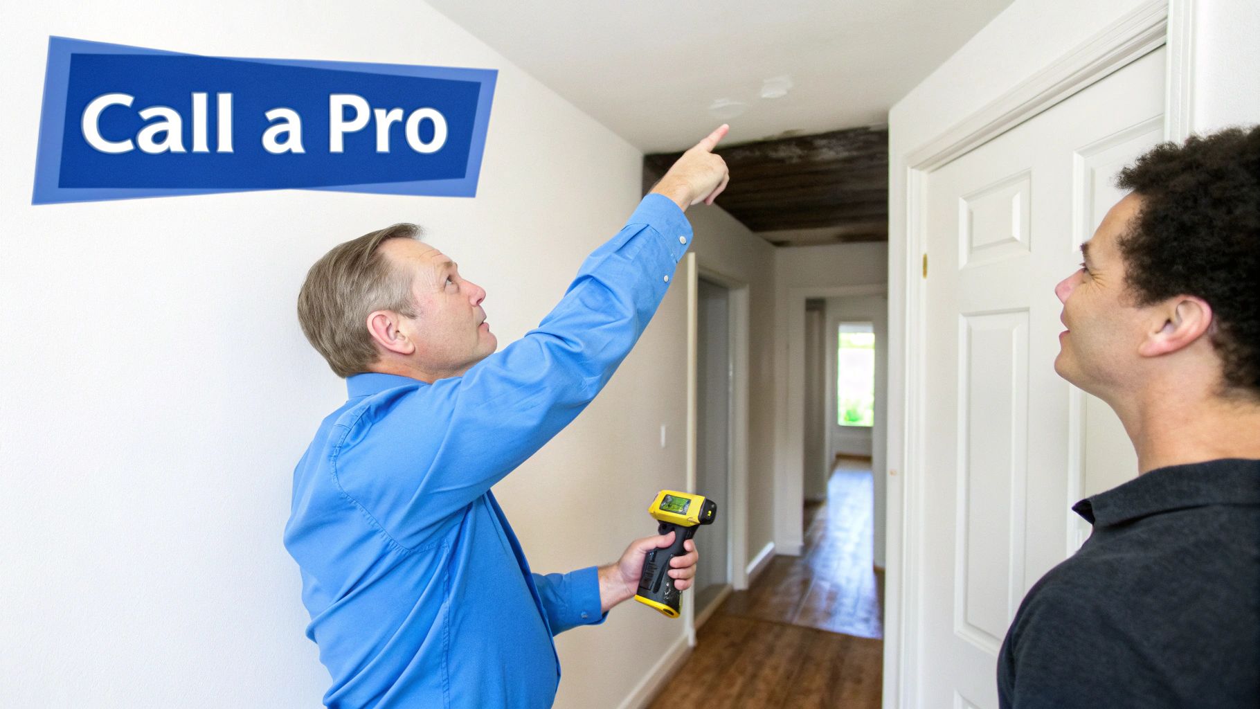 A professional points out water stains on a ceiling to a homeowner during an inspection.