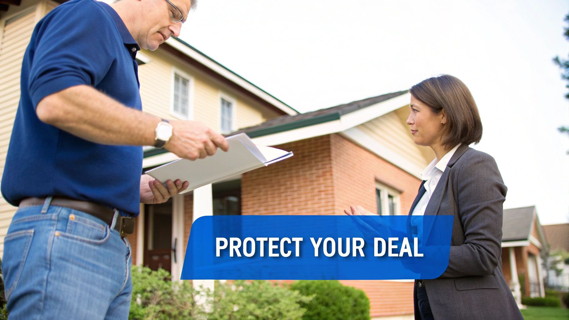 A man hands documents to a woman in a business suit in front of a house, with "PROTECT YOUR DEAL" text.
