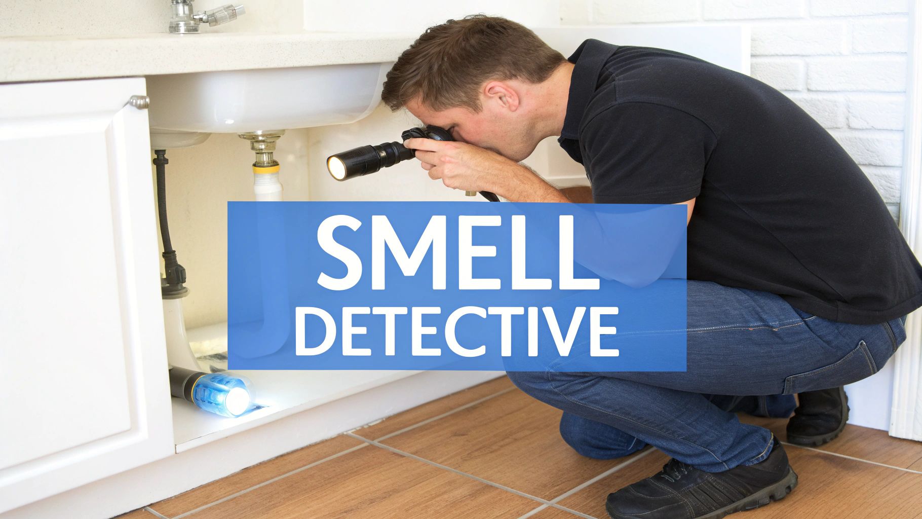 A man acting as a 'smell detective' inspects under a kitchen sink with a flashlight.