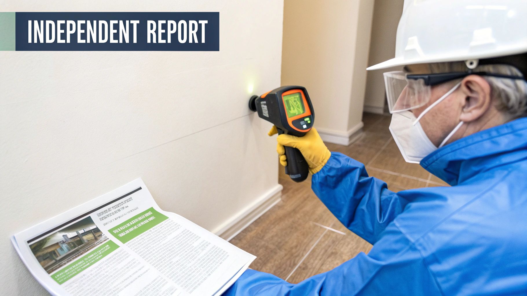Professional in PPE uses a mold detector on a wall while reviewing an independent report.