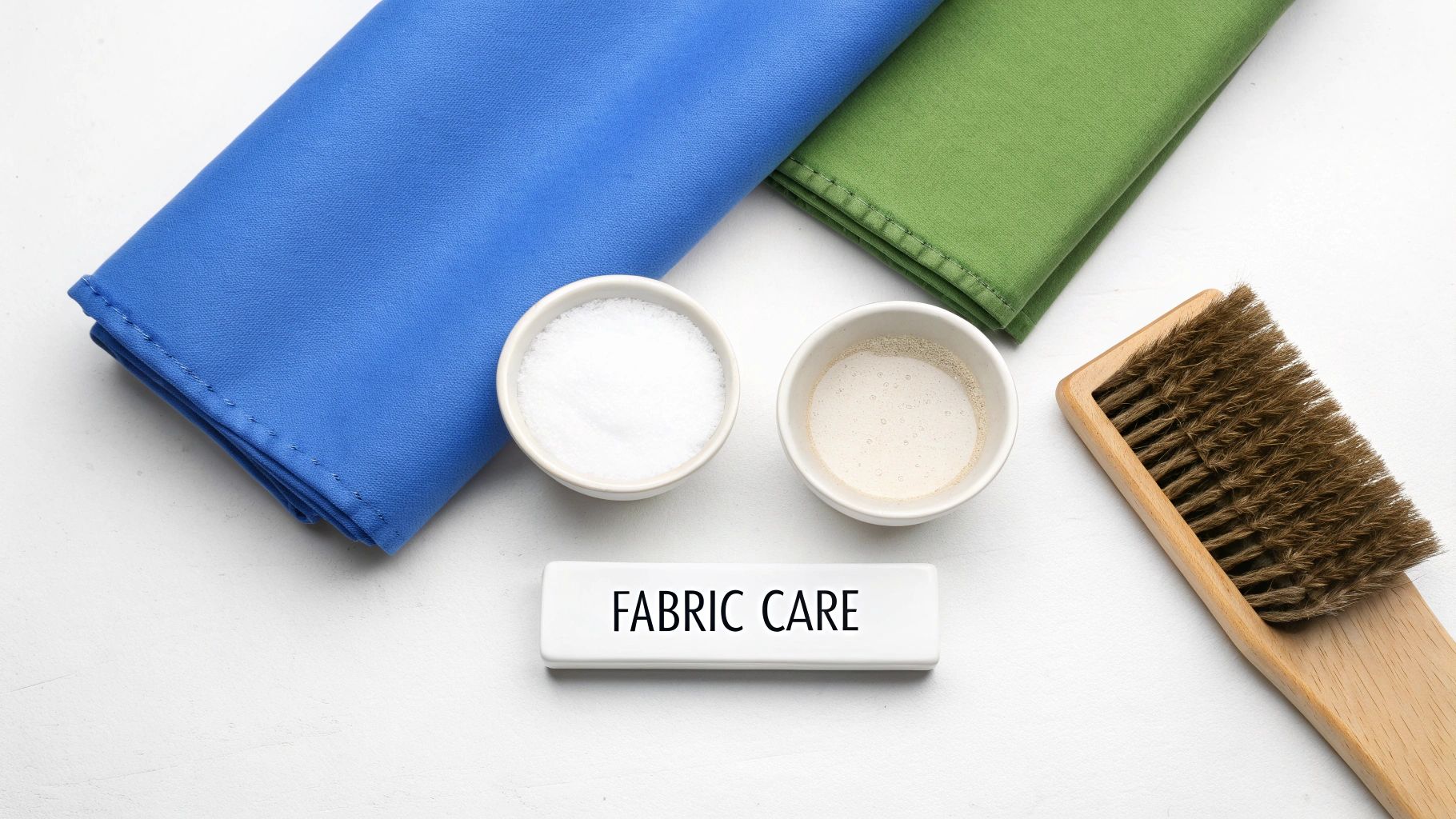 Fabric care supplies including blue and green cloth, cleaning powders, and natural bristle brush on white background