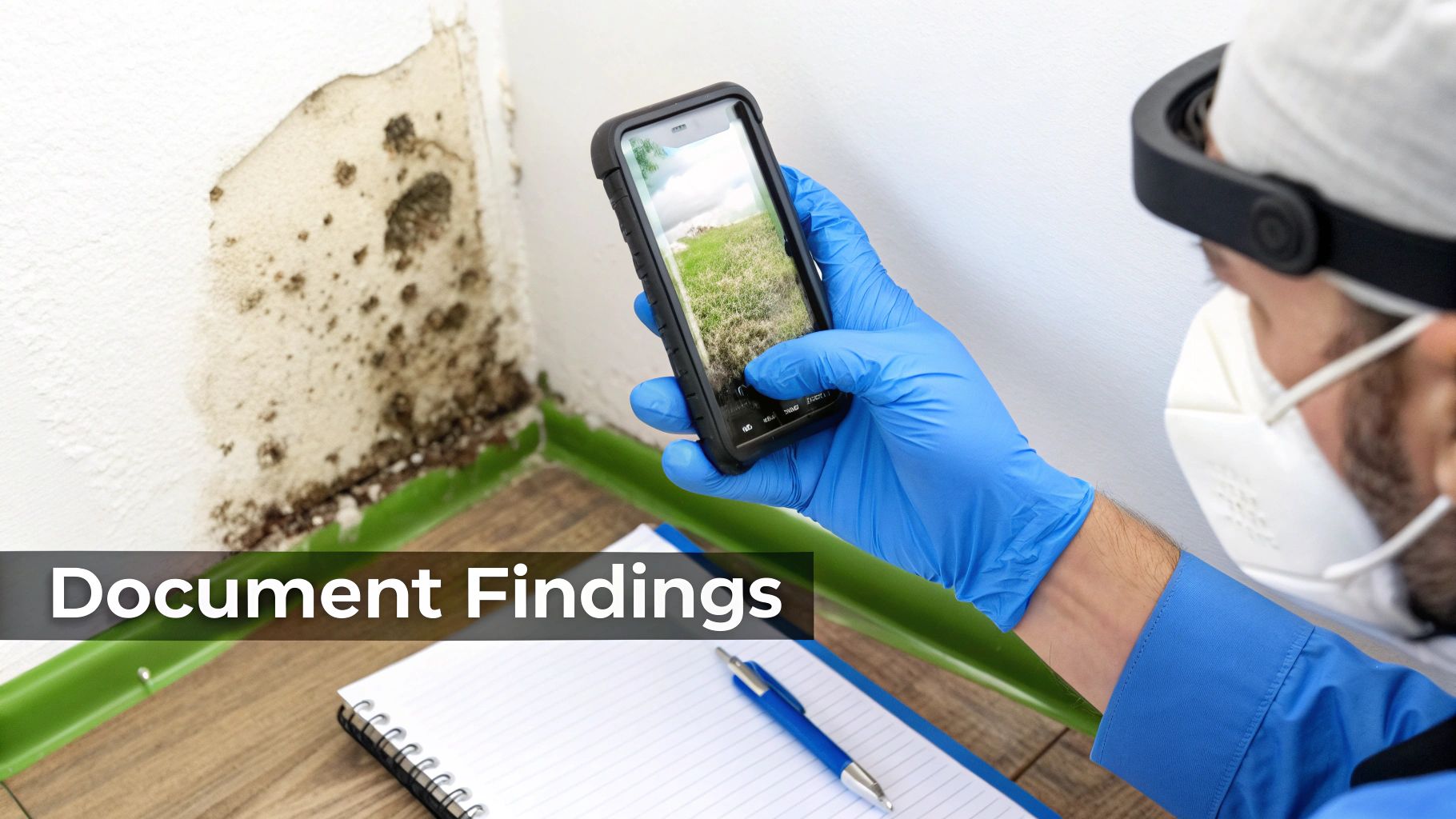 Professional inspecting mold on a wall, using a smartphone to document findings, with a notebook.