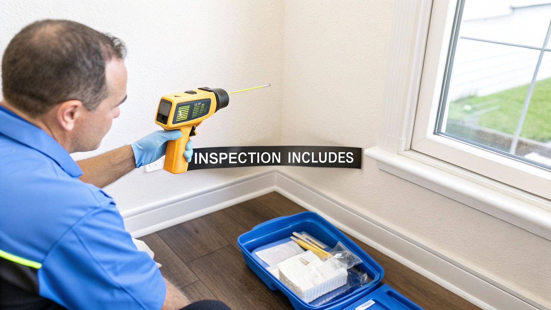 Professional inspecting a home wall for mold with a special handheld device.