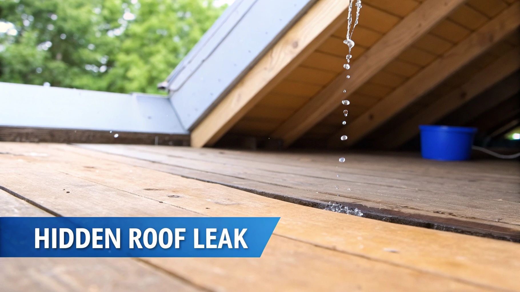 Water dripping from a hidden roof leak onto wooden floorboards inside an attic, with a blue bucket.
