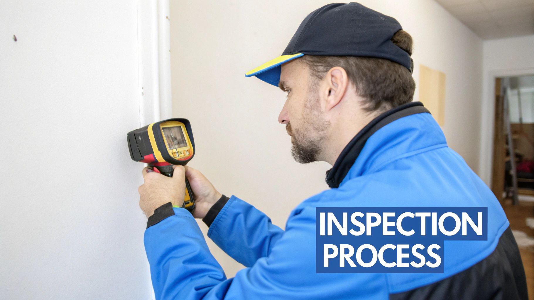 A man uses a thermal imaging camera to inspect a wall during a household environmental test.