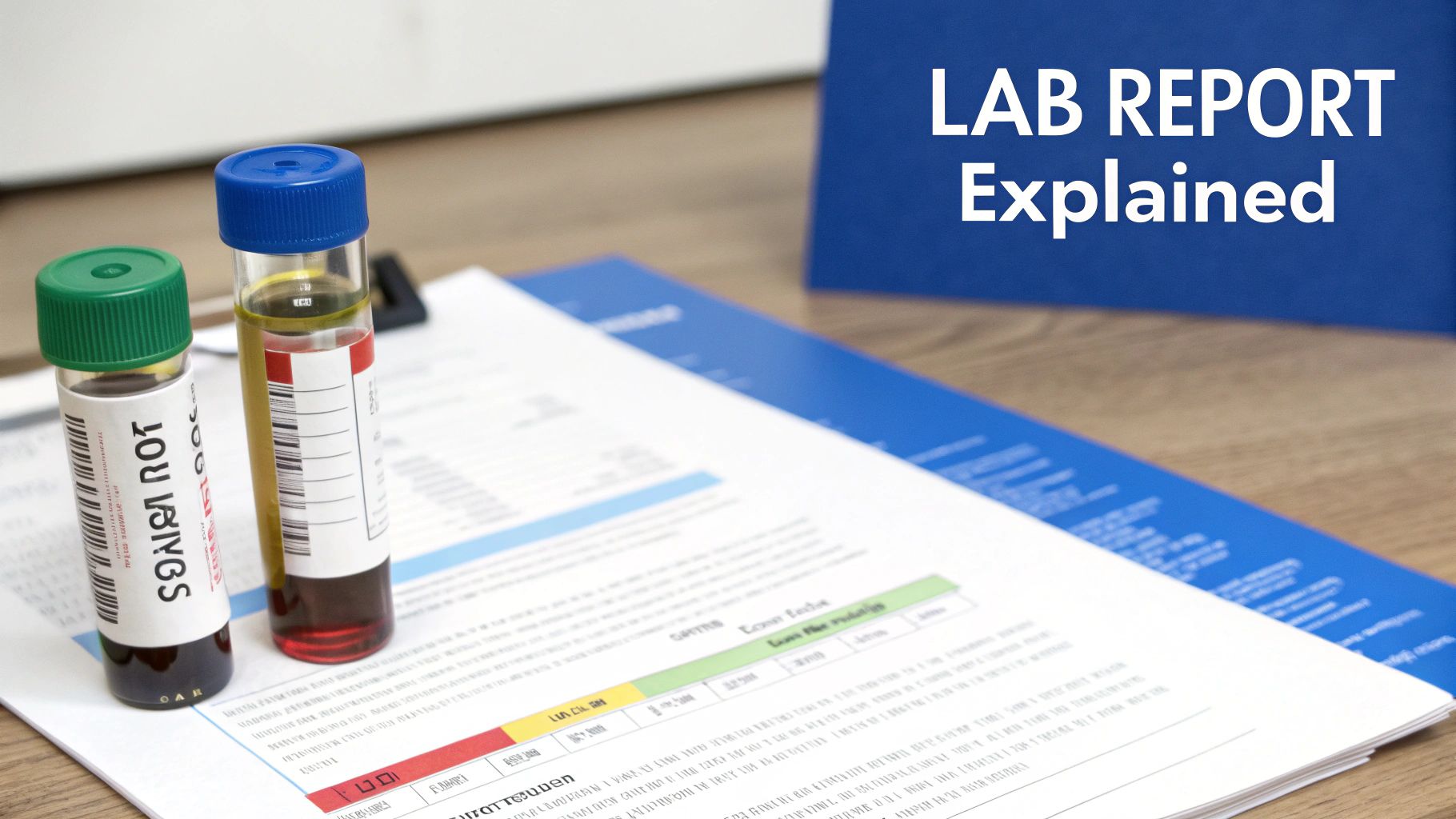 Two medical test tubes with liquids, a lab report document, and a 'LAB REPORT Explained' sign.