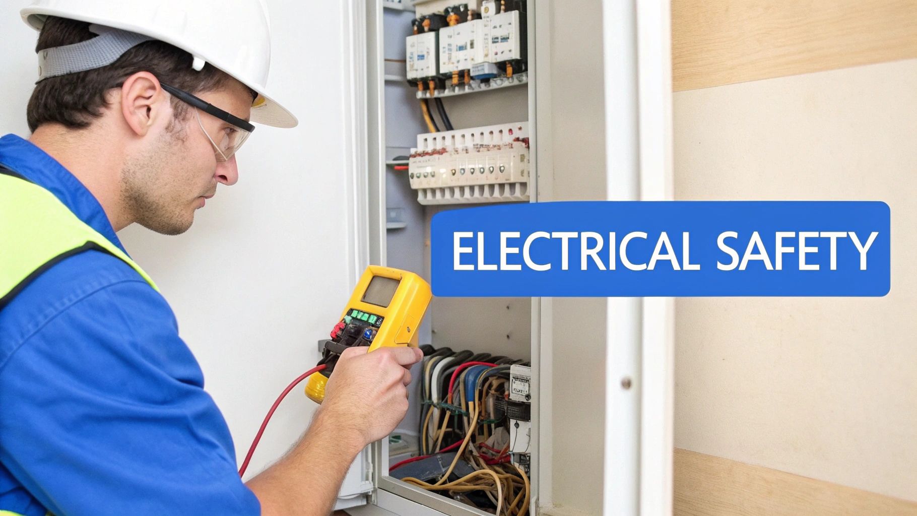 An electrician in a hard hat and safety glasses testing an open electrical panel with a multimeter, emphasizing electrical safety.