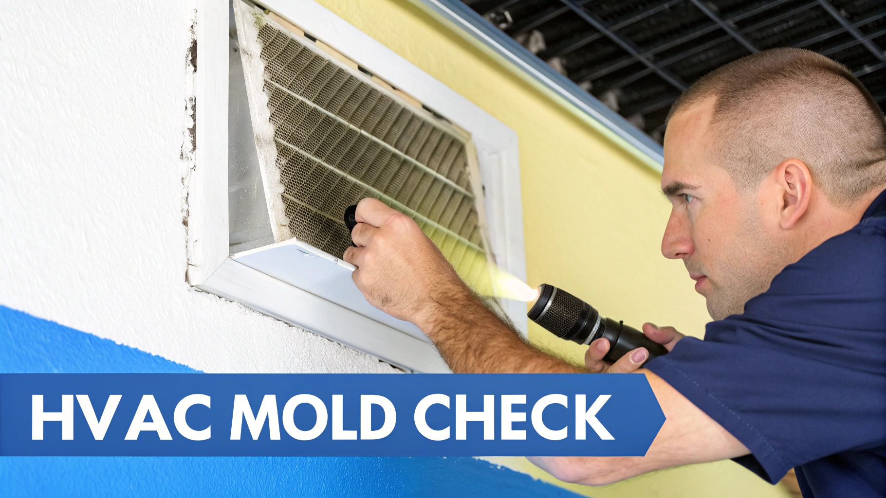 A man inspects a dirty HVAC vent and filter with a flashlight, likely checking for mold.