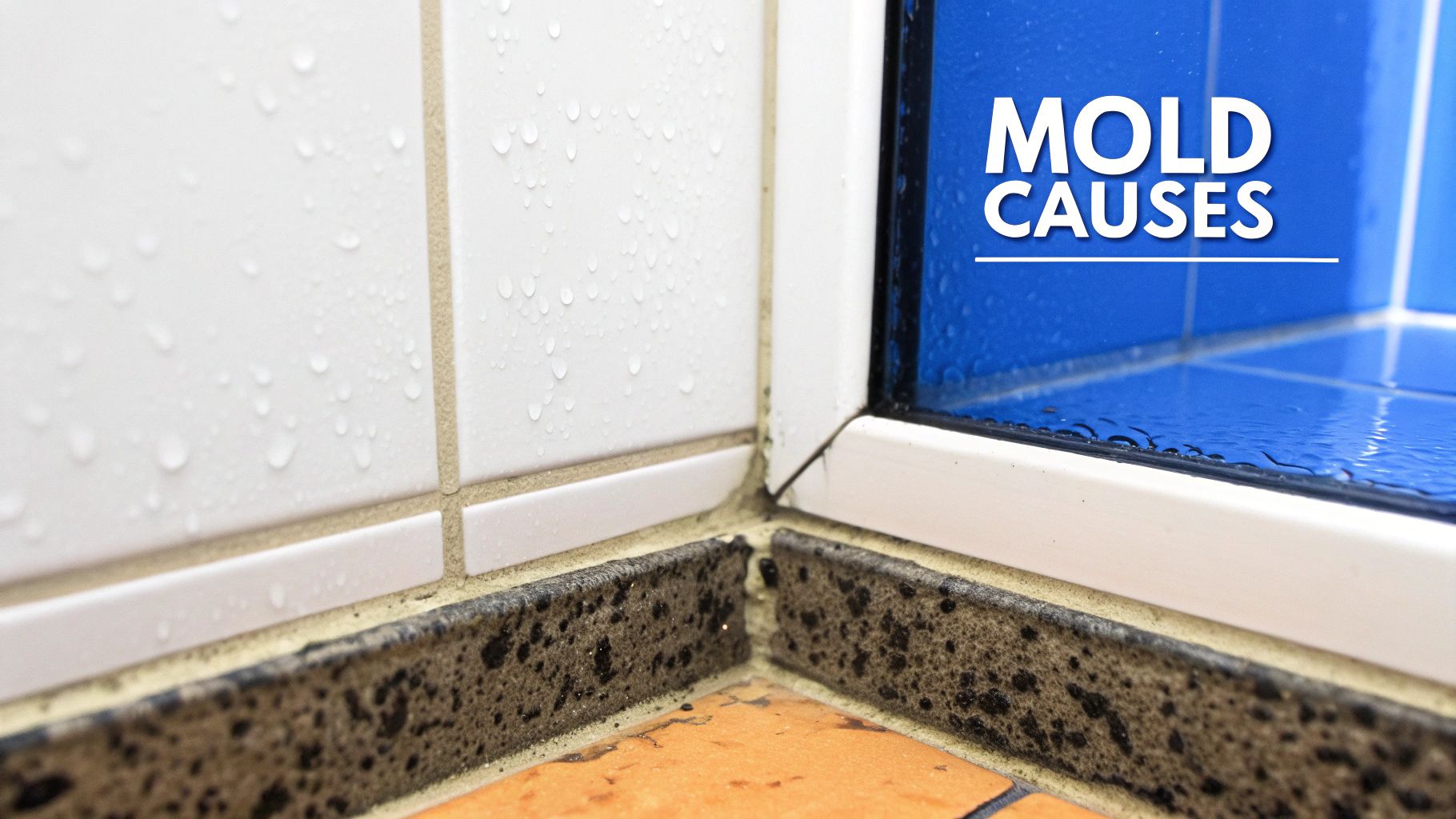 Close-up of a damp bathroom corner with white tiles, showing water droplets and the text 'MOLD CAUSES'.