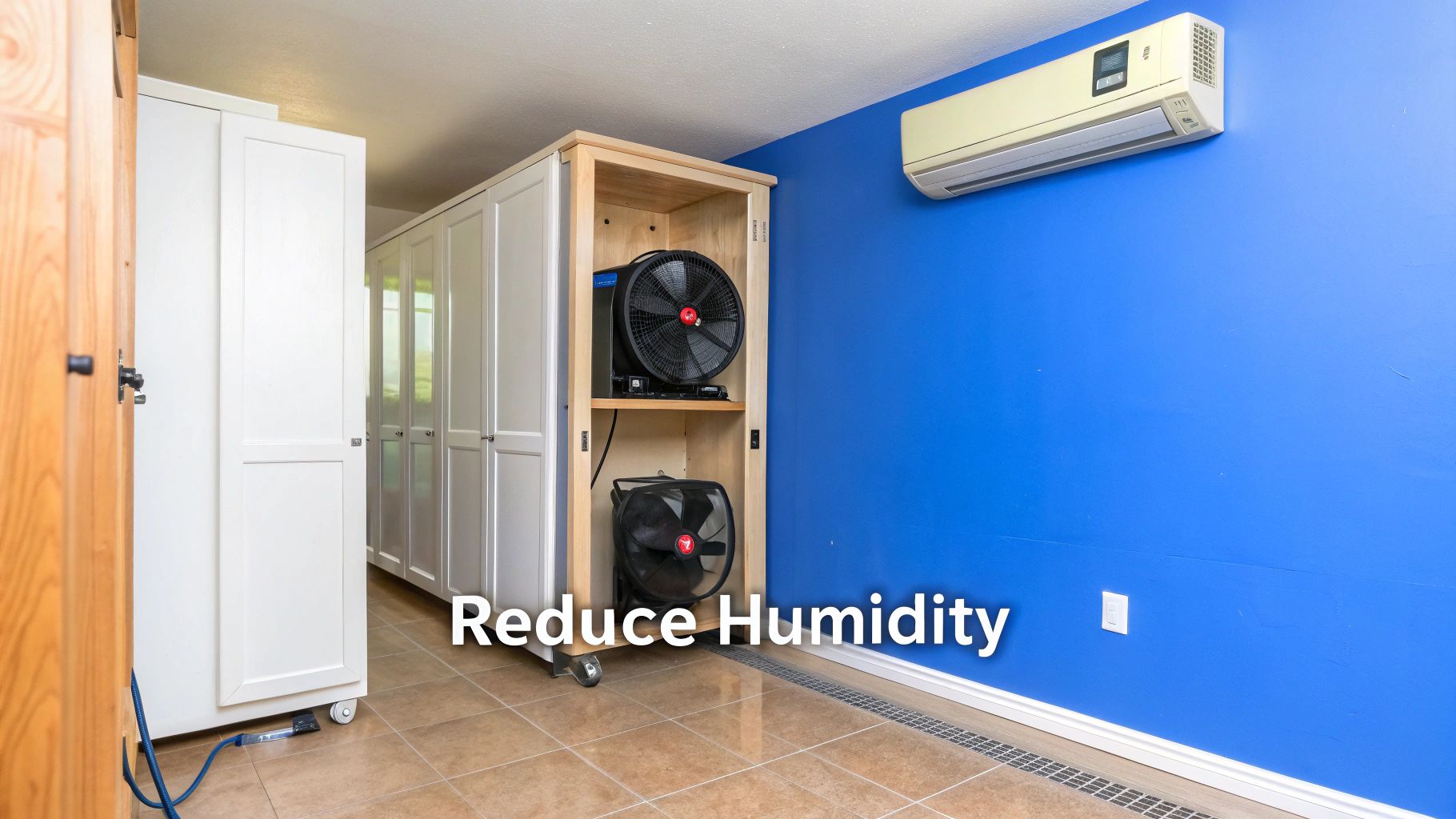 A room with blue walls, white cabinets, and multiple fans used for humidity control, with an AC unit.