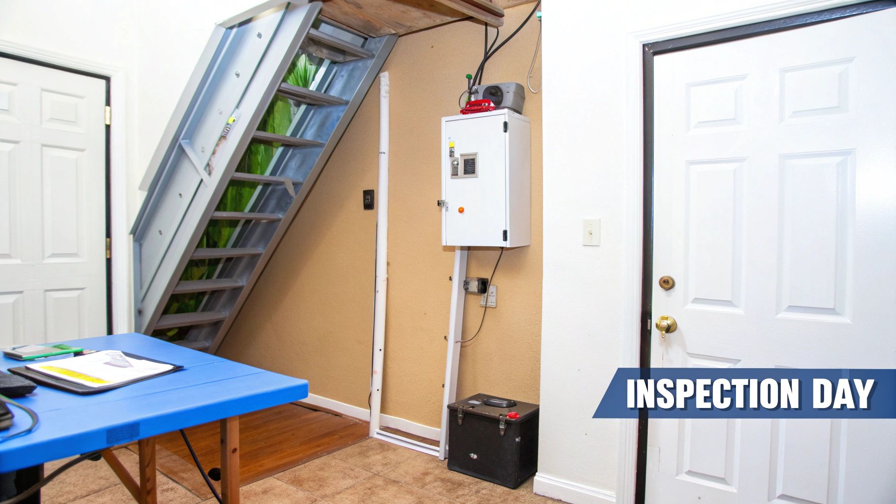 A room with a blue table, an open attic staircase leading upwards, and an electrical panel.