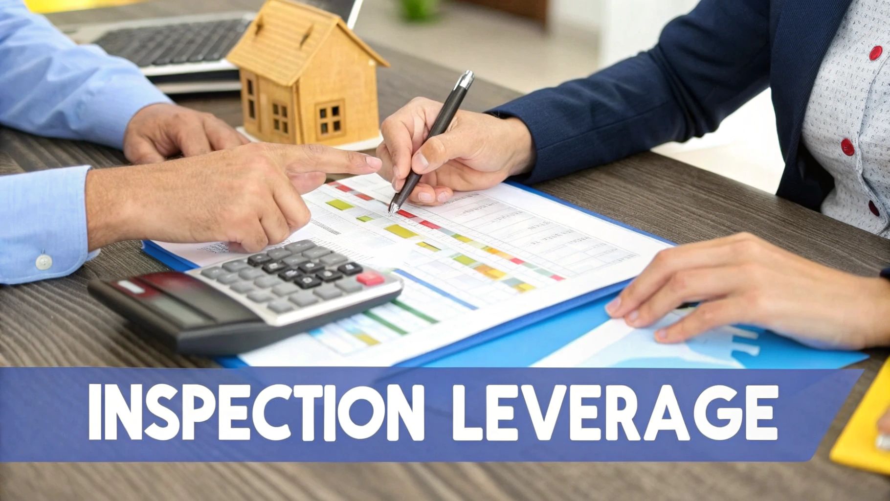 Real estate agent and client reviewing home inspection report with calculator and house model