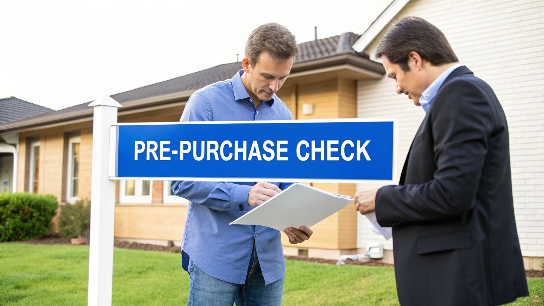 Homebuyer pointing at a potential issue on a wall during a property tour.