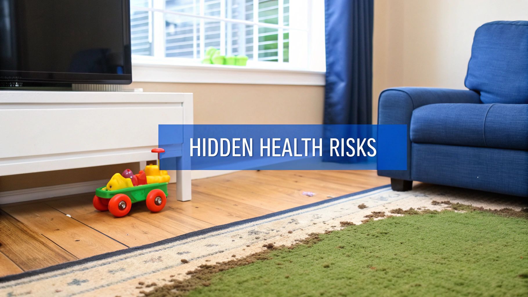 A living room with a TV, blue armchair, and a rug showing hidden health risks like dirt or mold.