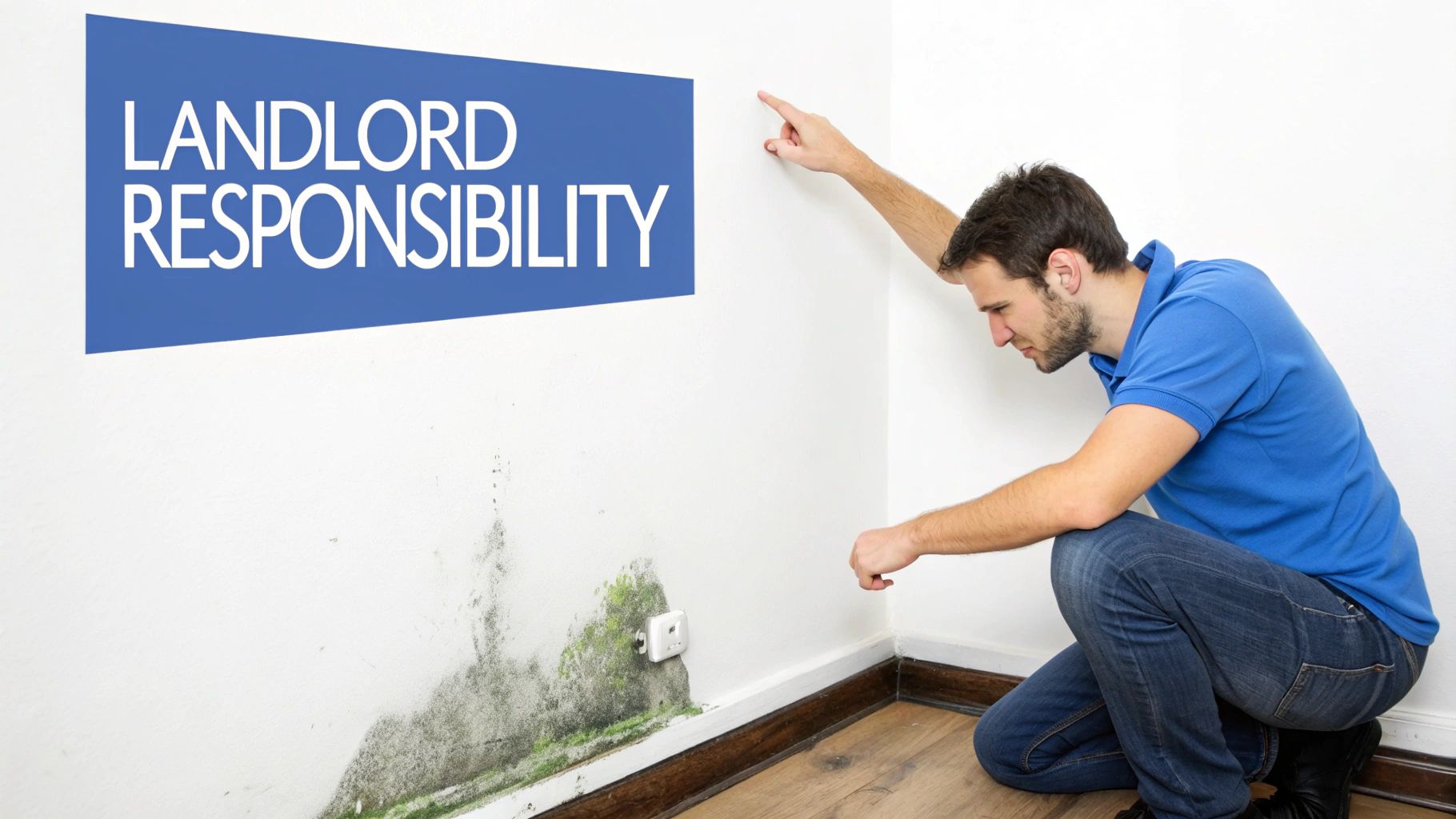 A man points at significant mold growth on a white wall, highlighting landlord responsibility.