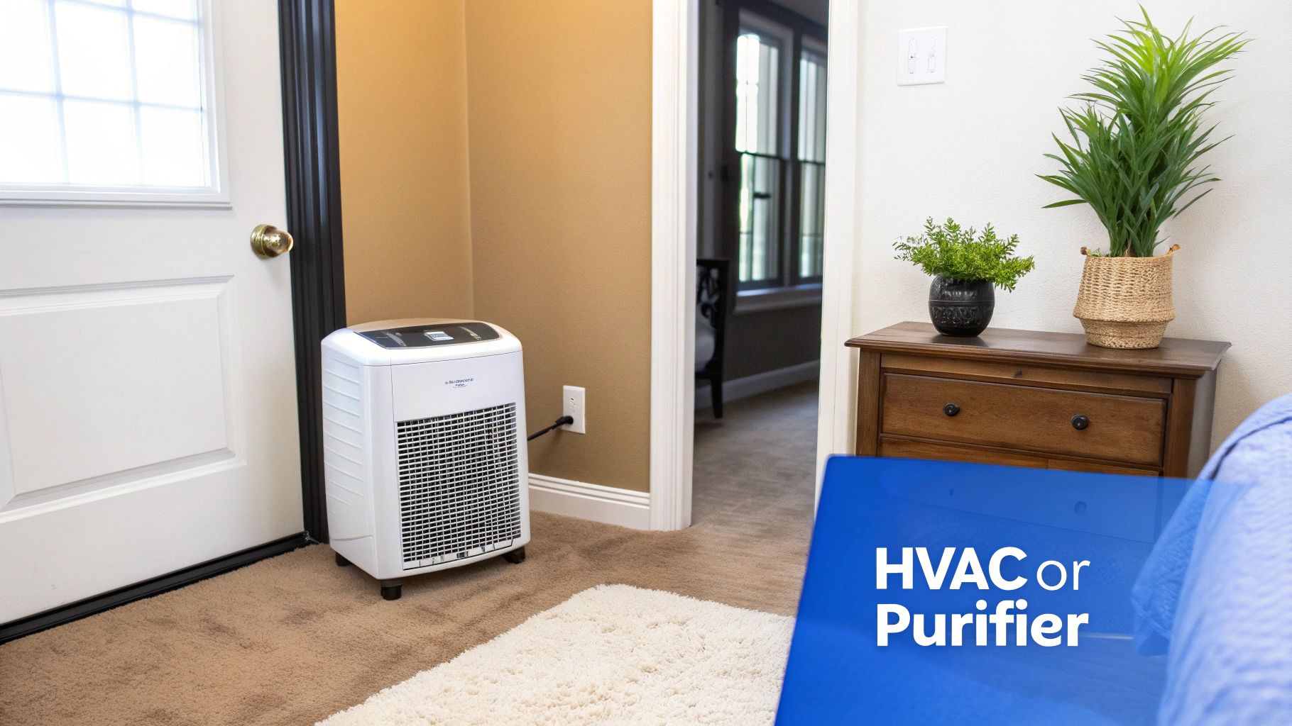 A white air purifier is plugged into an outlet next to a door in a carpeted hallway.