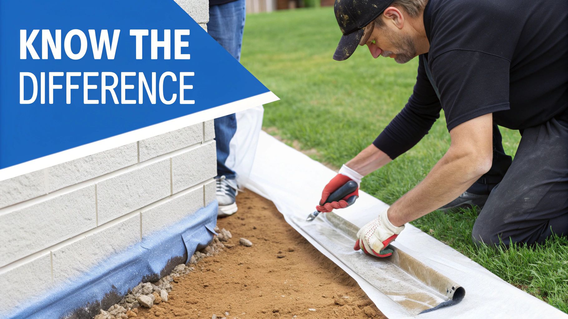 A man in gloves installing a drainage or waterproofing system next to a building foundation, with text 'Know the Difference'.