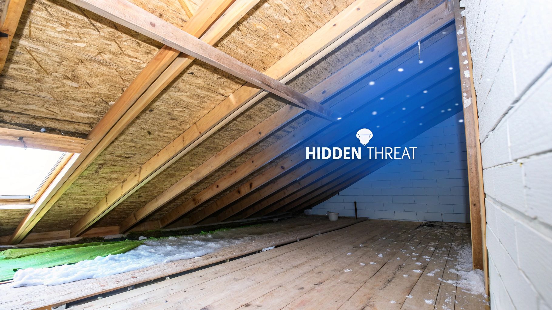 A raw attic space with exposed wooden rafters, plywood ceiling, a skylight, and white powder on the floor.