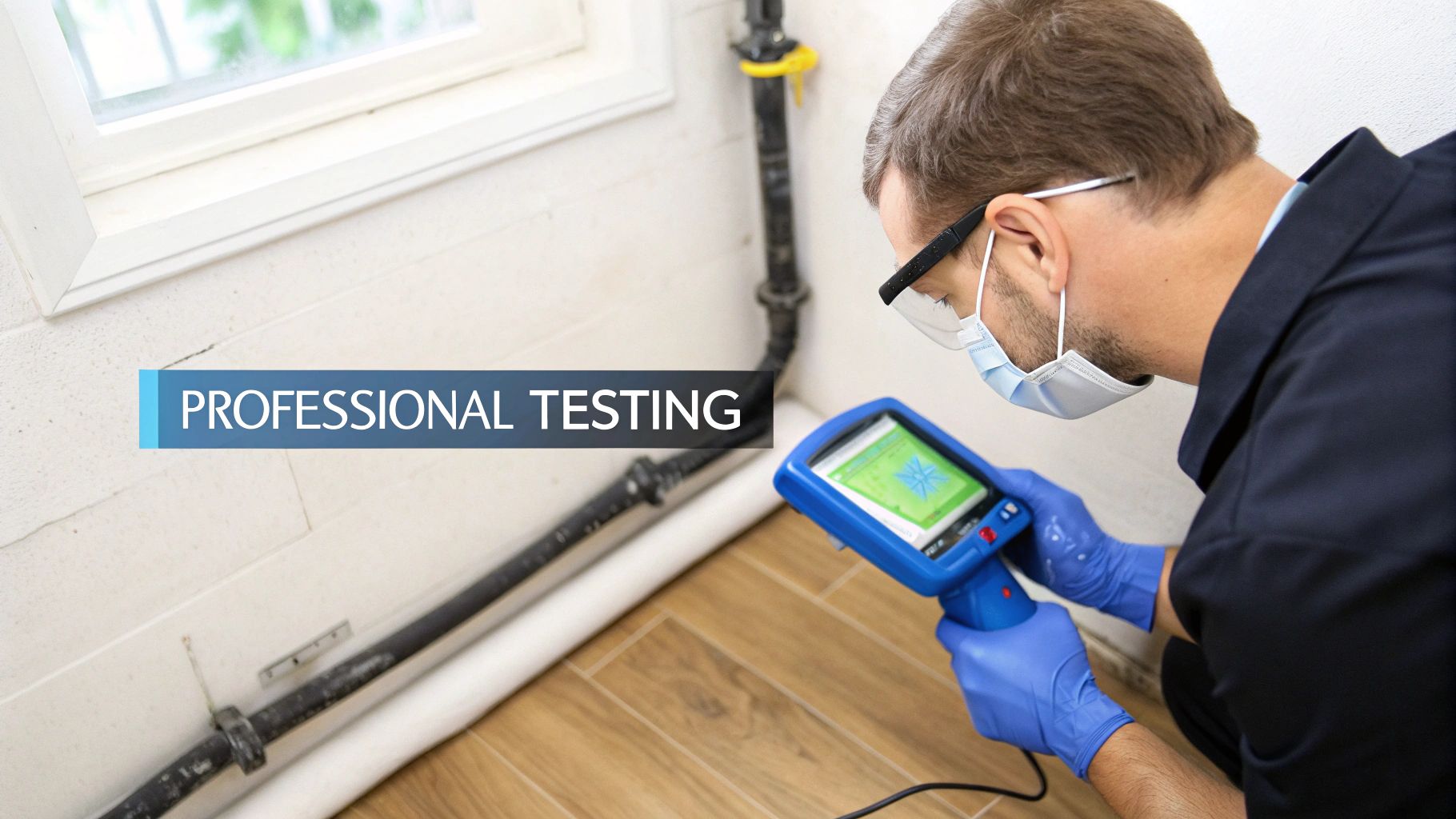 A man wearing a mask and gloves performs professional testing with a blue handheld diagnostic device near pipes.