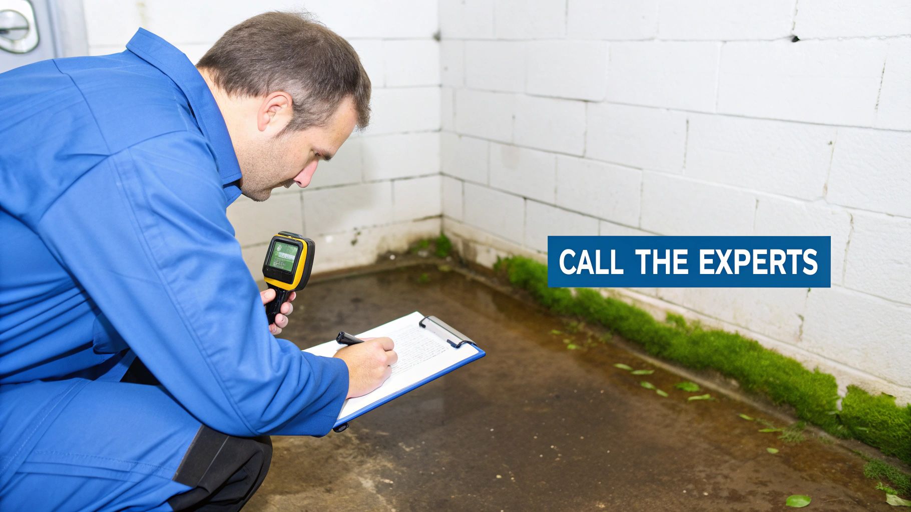 A professional inspector using thermal imaging to detect moisture hidden behind a wall.