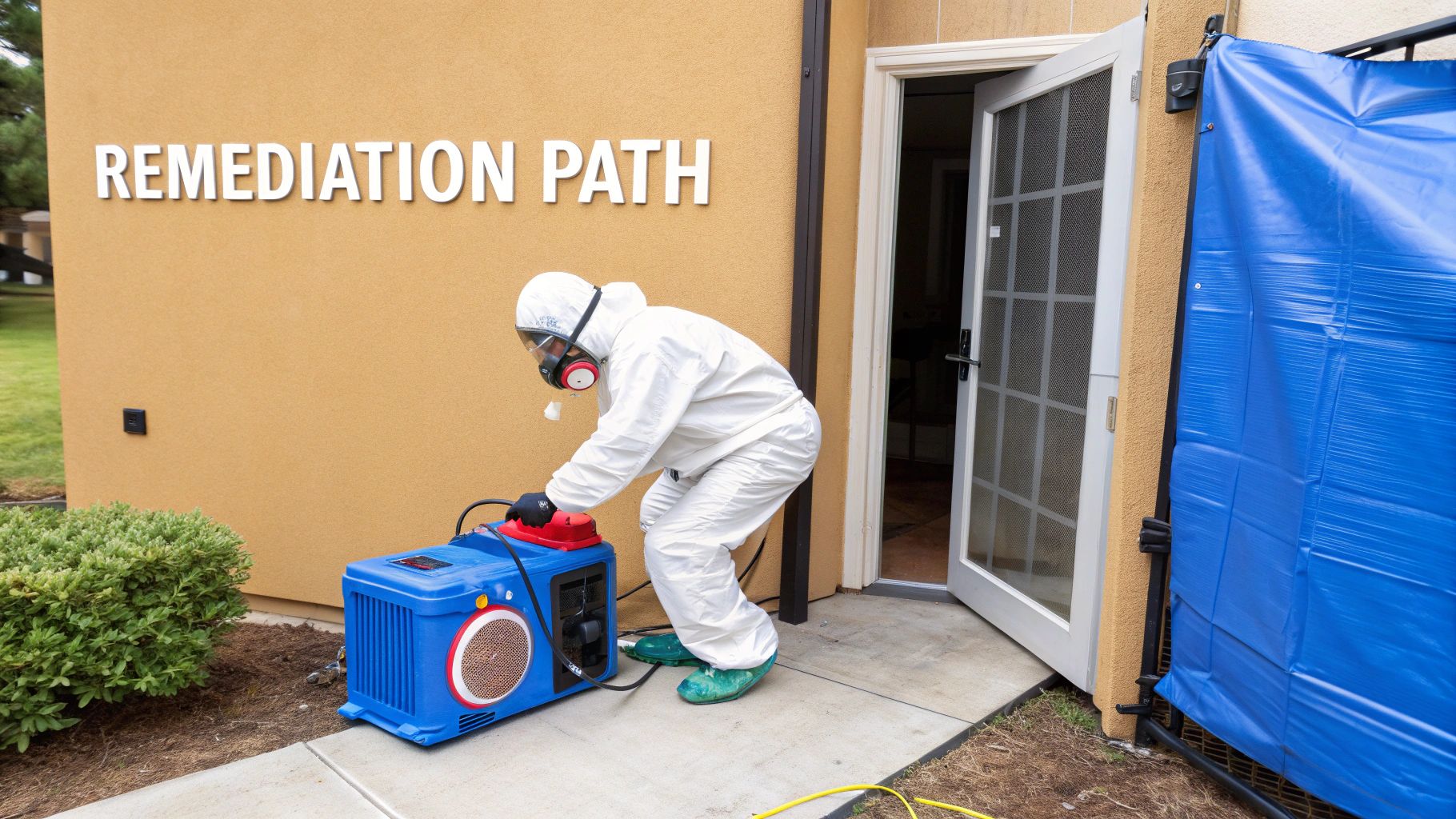 A person in a hazmat suit operates a remediation machine outside a building with a blue tarp setup.