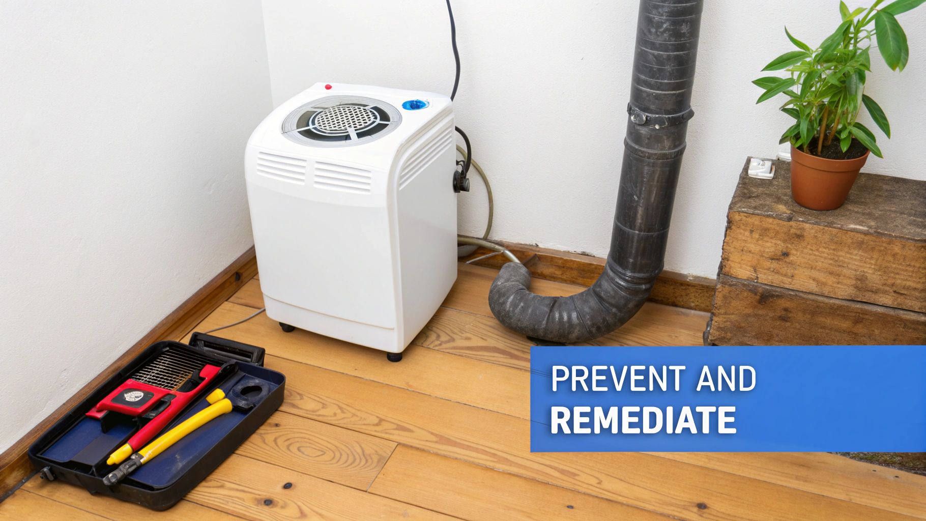 A white dehumidifier stands on a wooden floor, connected to a dark pipe, next to cleaning tools and a green plant.