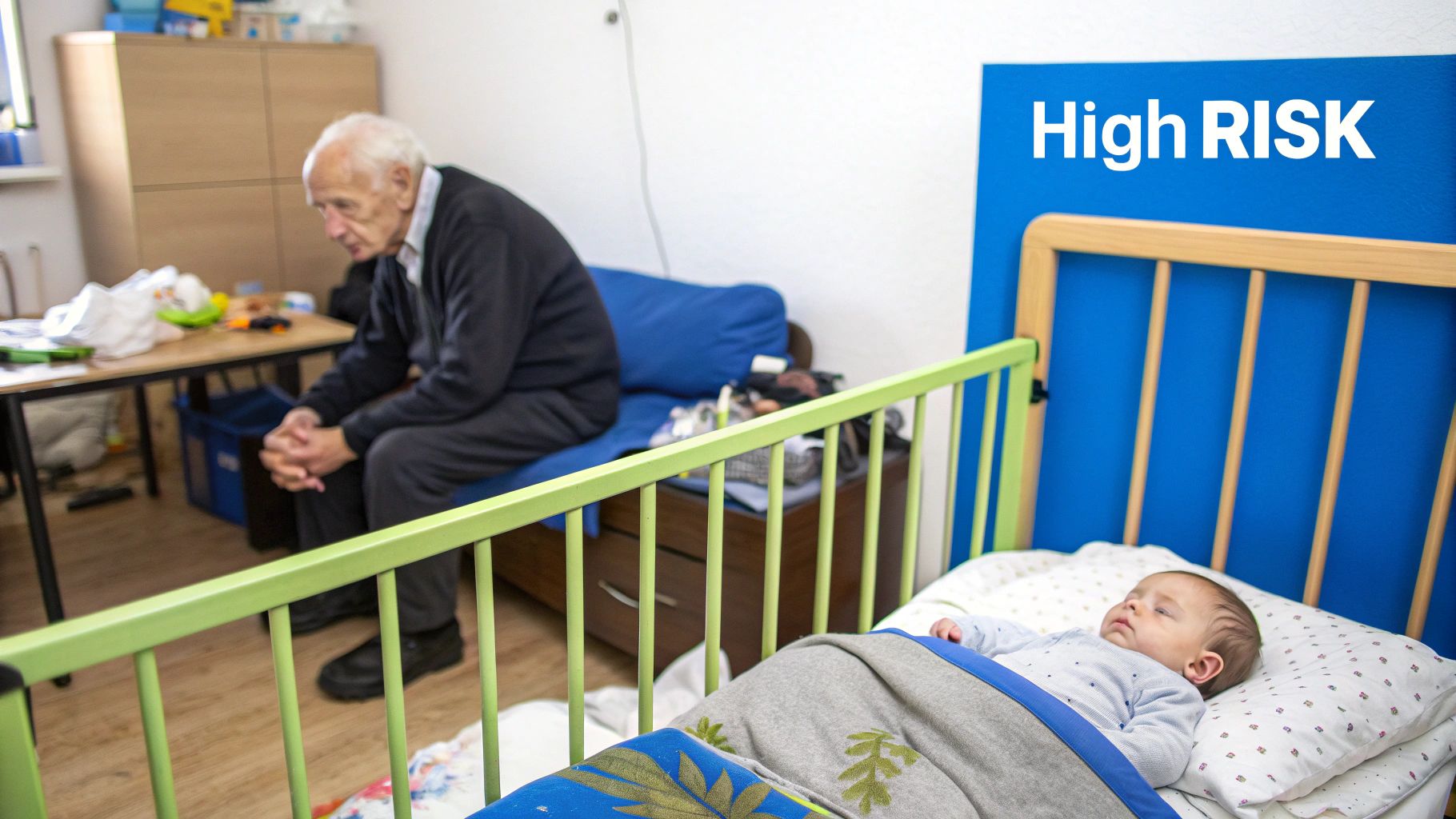 An elderly man sits near a sleeping baby in a crib, with a 'High RISK' sign in the background.