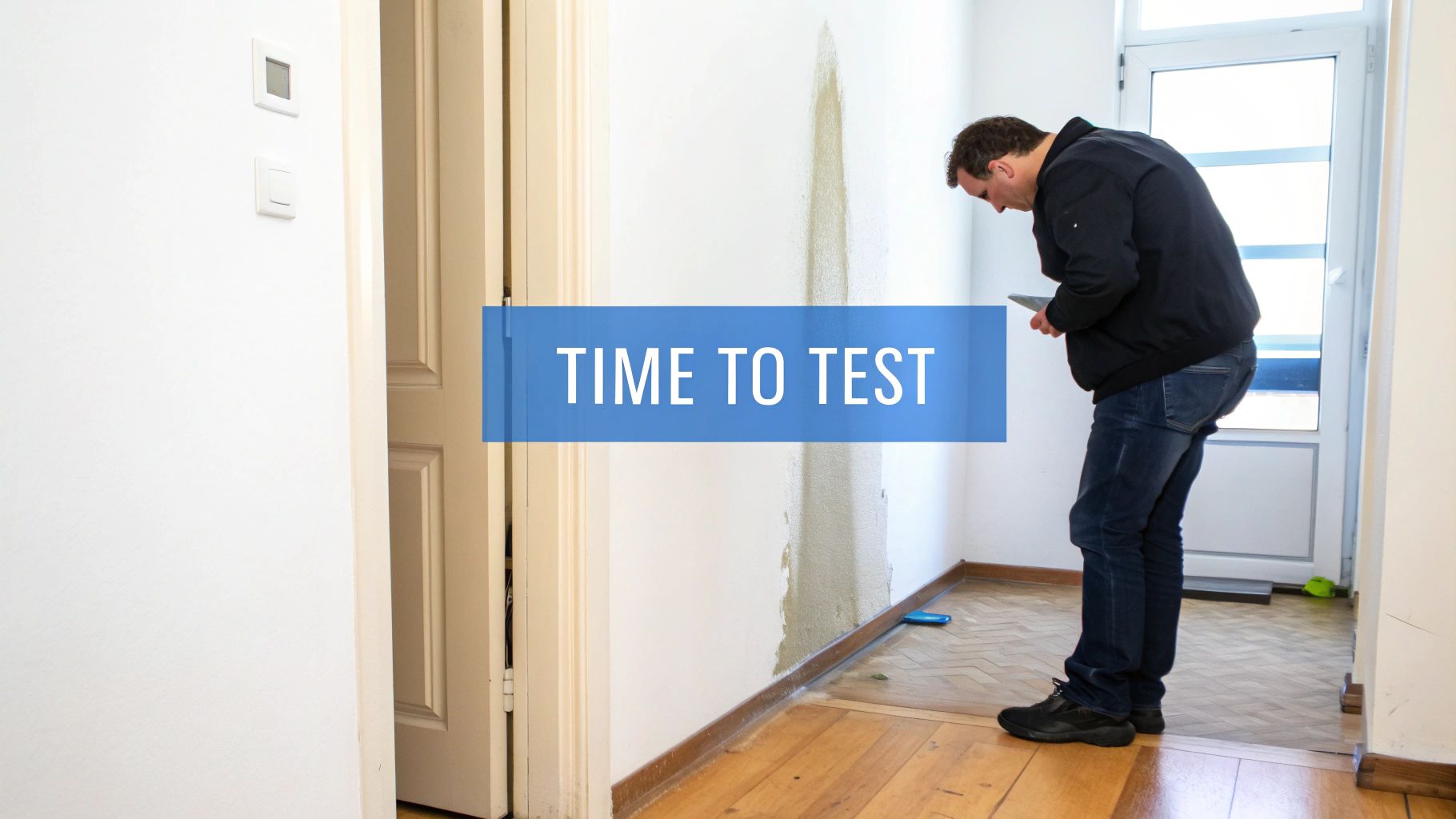 Professional inspector examining wall moisture damage during comprehensive house environmental testing inspection