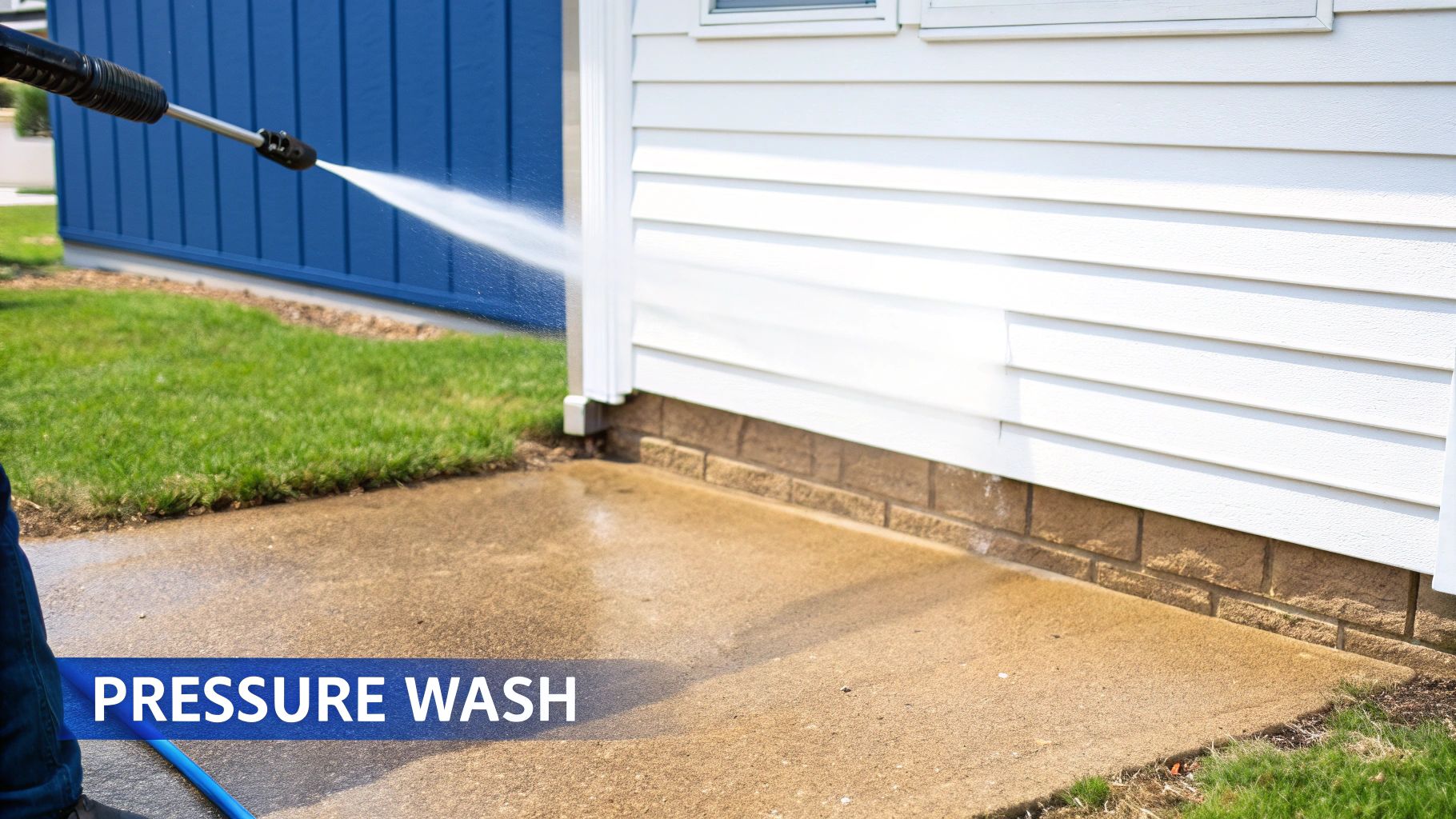 A person uses a pressure washer to clean a dirty concrete patio next to a white house.