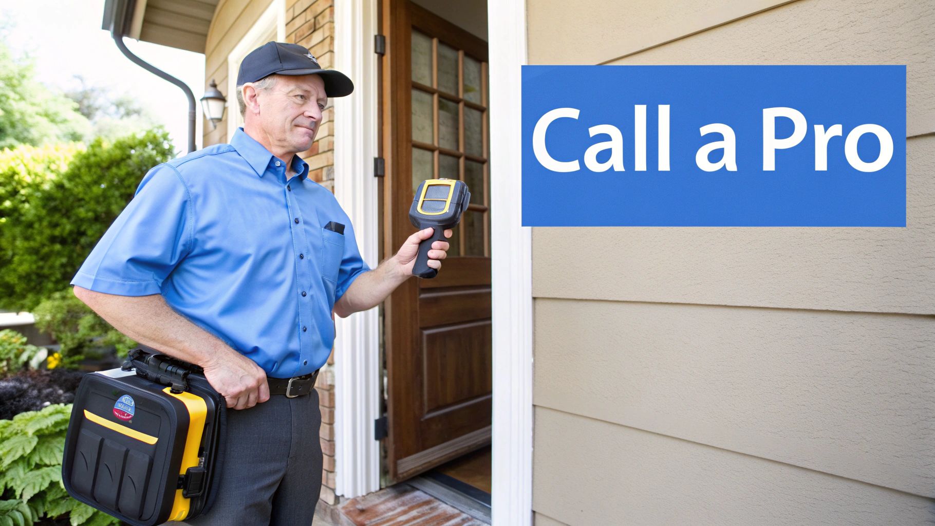 A professional technician with a thermal camera inspecting a house, with a 'Call a Pro' sign.
