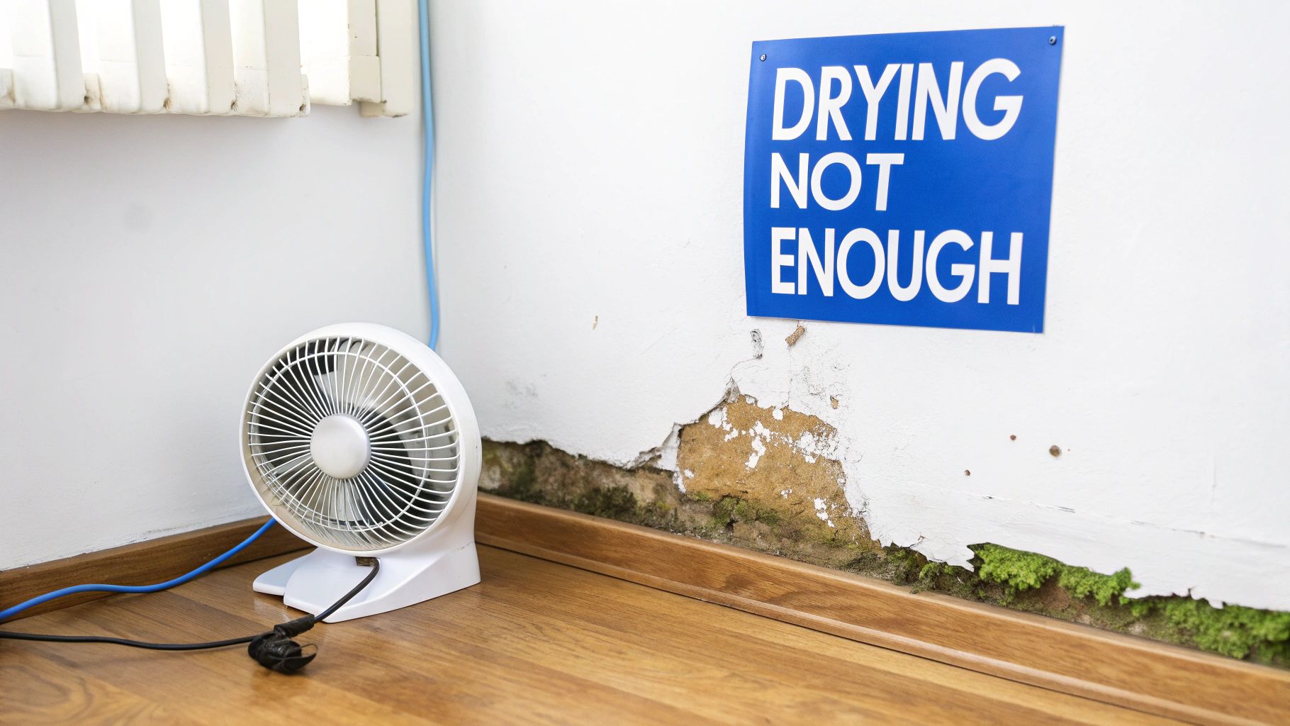 A white wall with peeling paint and green mold, a fan, and a blue 'DRYING NOT ENOUGH' sign.