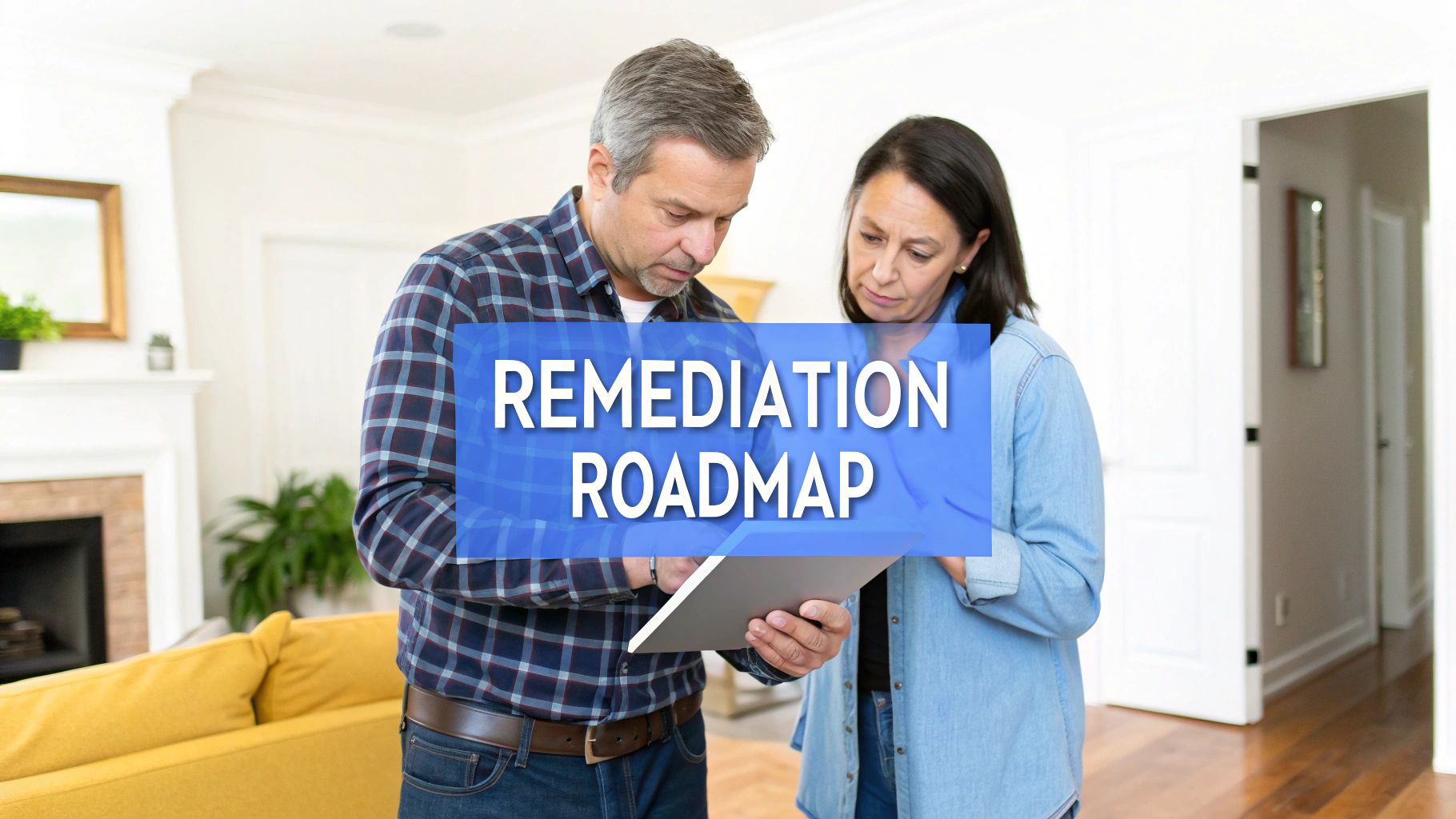 Two professionals review a remediation roadmap on a tablet, discussing solutions for a home.