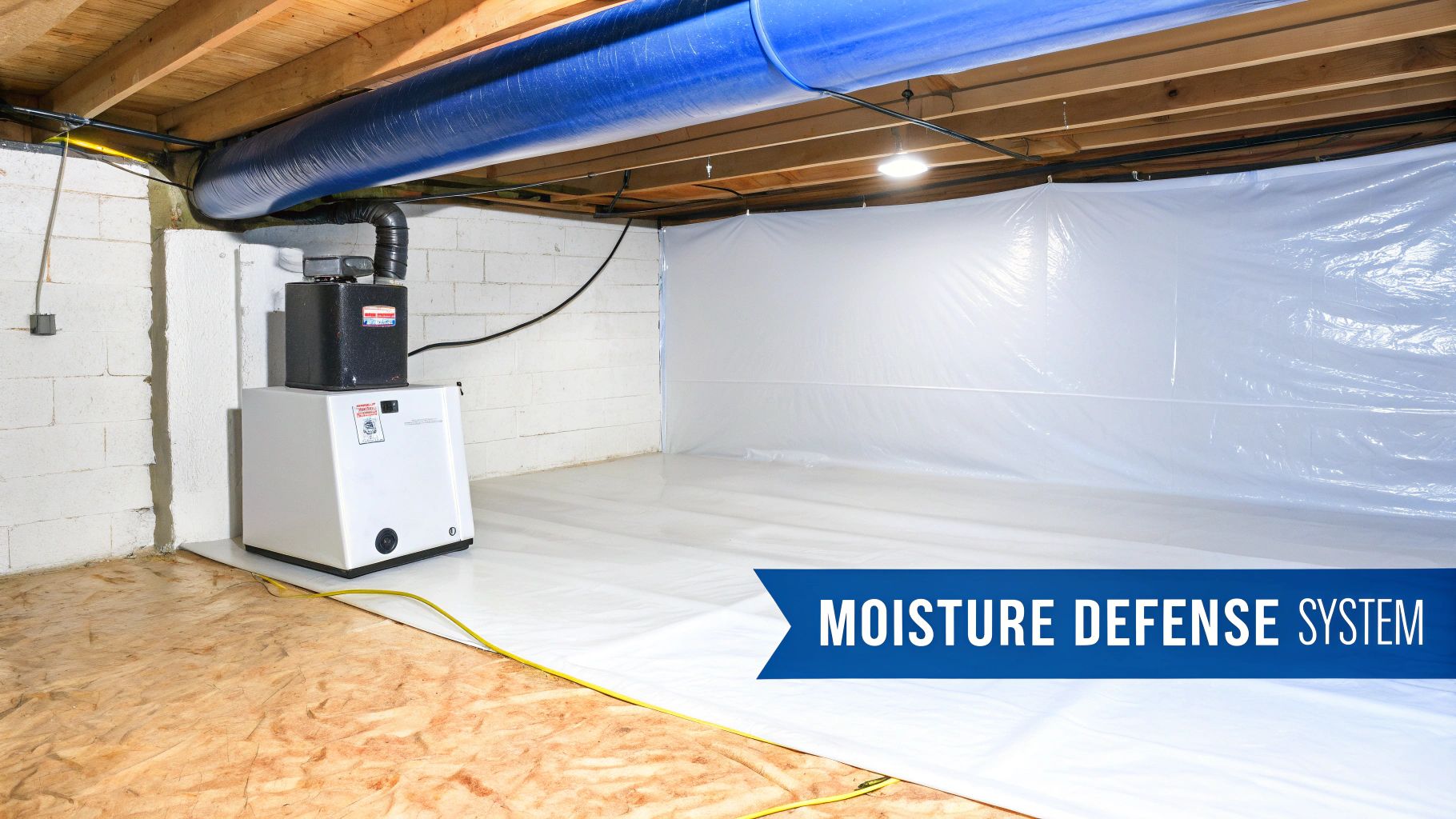 A clean, encapsulated crawl space featuring a white vapor barrier on the walls and floor, and a dehumidifier for moisture control.