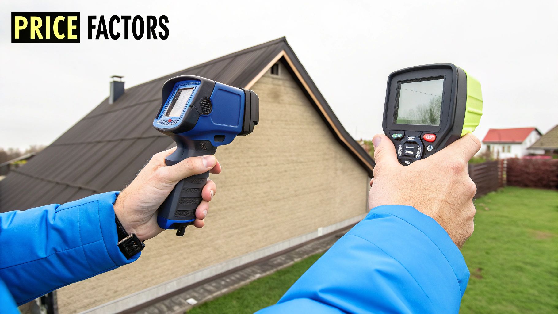 A mold inspector using a thermal imaging camera to detect moisture behind a wall.