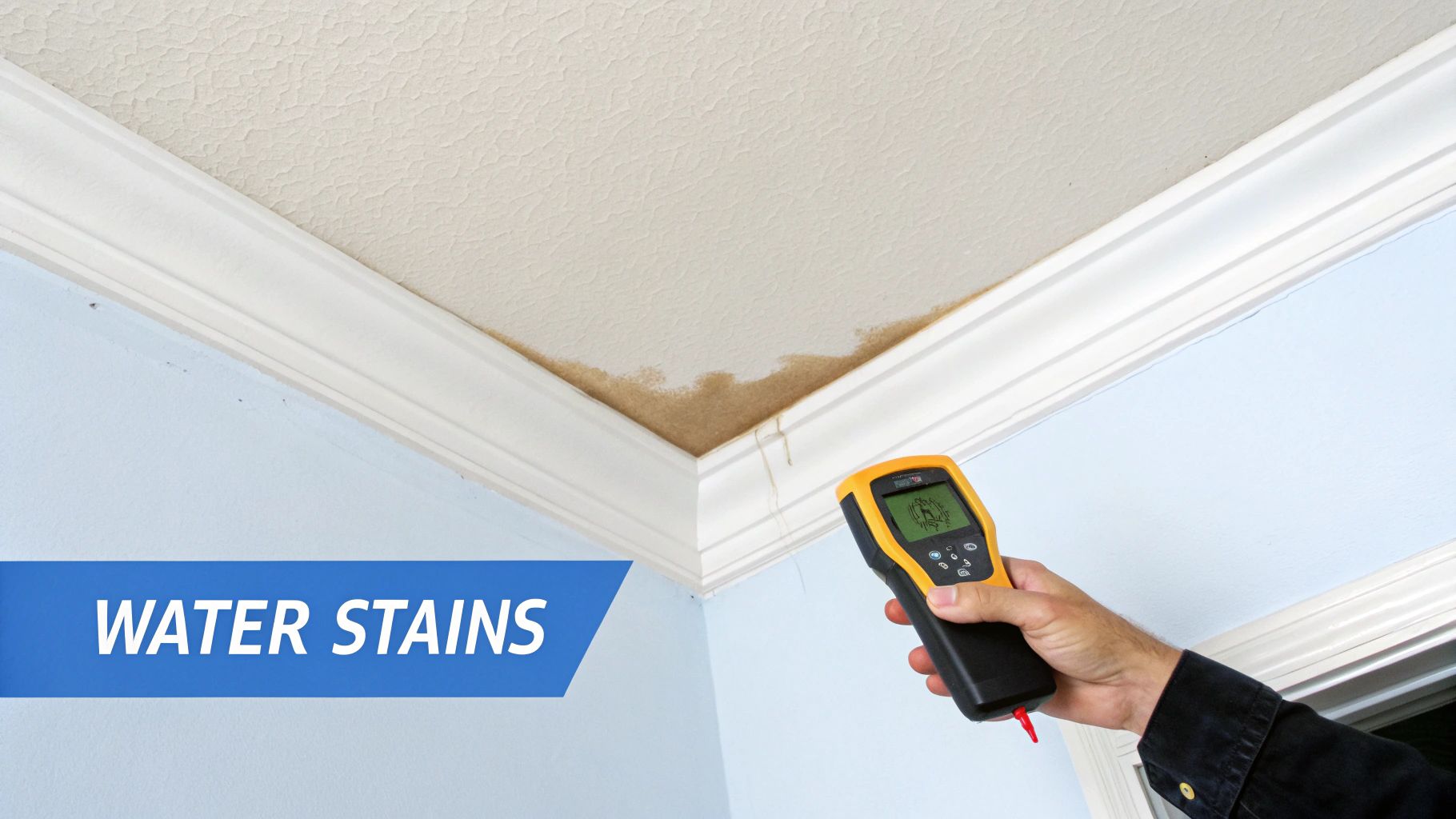 A hand uses a moisture meter to inspect visible water stains on a ceiling in a home.