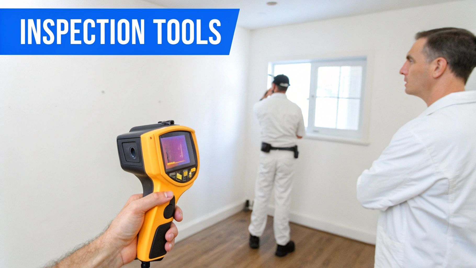 A hand holds a thermal camera, while two inspectors examine a room with a window.