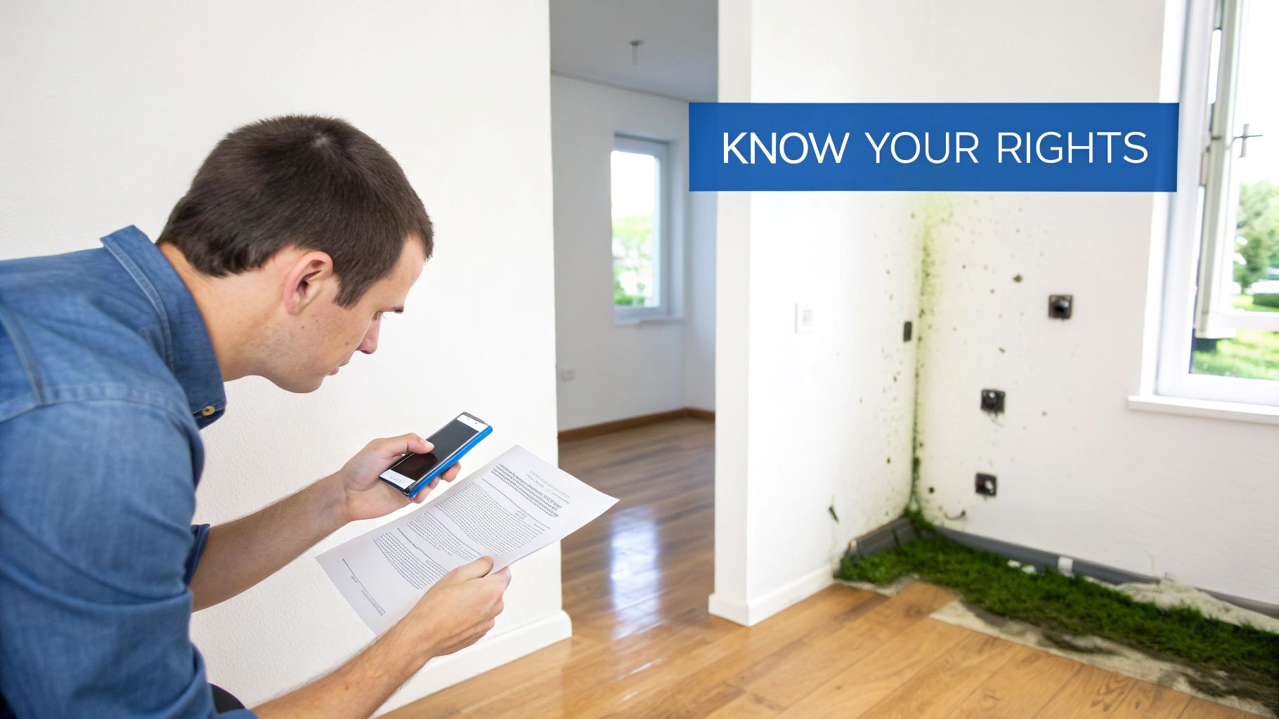 Man holding phone and document in a mold-infested room with 'Know Your Rights' banner.