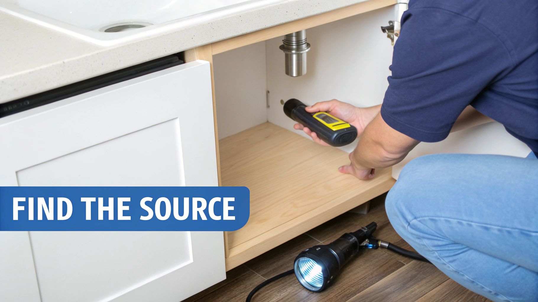 A person using a flashlight to inspect a dark corner under a sink for signs of mold.